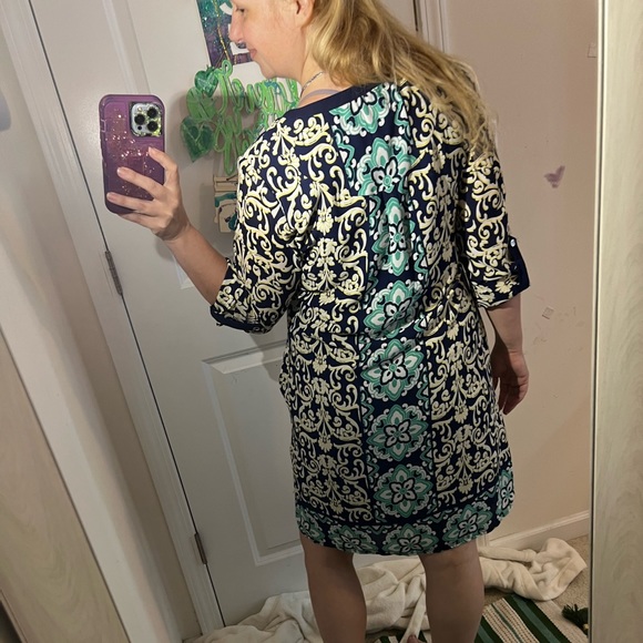 LUXOLOGY DRESS BEAUTIFUL PRINT ROLL TAB SLEEVE POCKETS 10 GREAT FIT BLUE GREEN - Picture 1 of 11